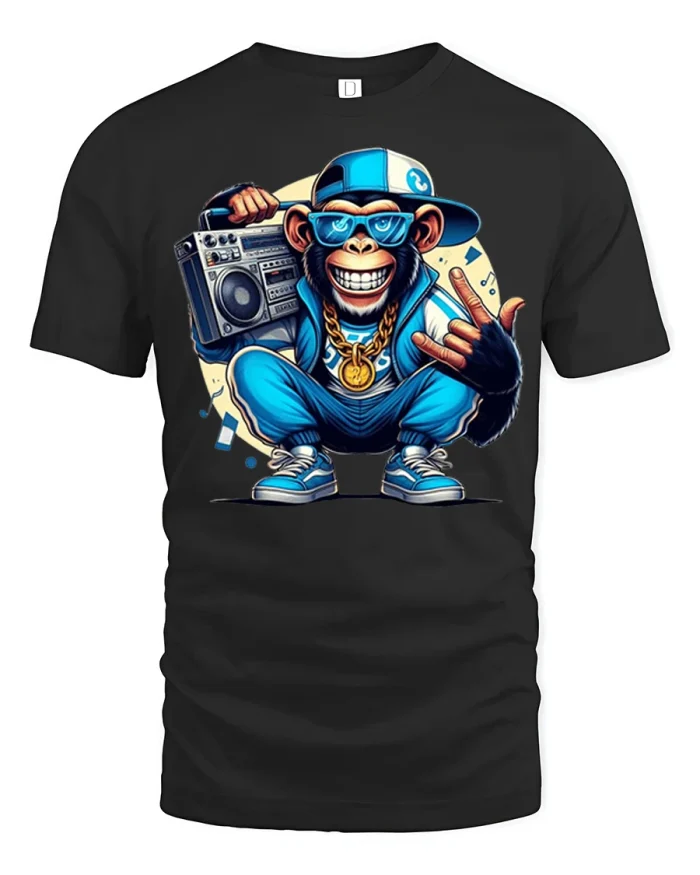 Cool Hip Hop Monkey Carrying Boombox Graphic T-Shirt - black t-shirt on white background