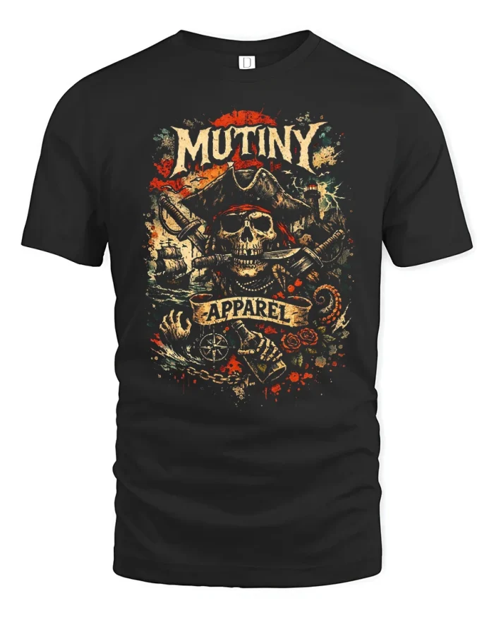 Mutiny Apparel Pirate Skull Crossbones Graphic T-Shirt - black t-shirt on white background