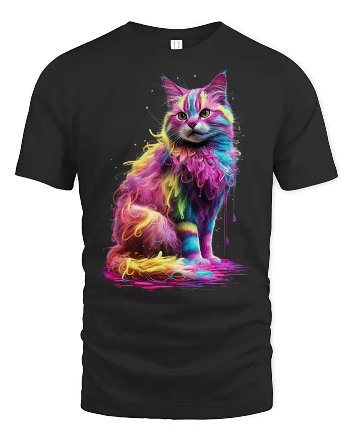 Colorful Fluffy Neon Cat Watercolor Art T-Shirt - black t-shirt on white background