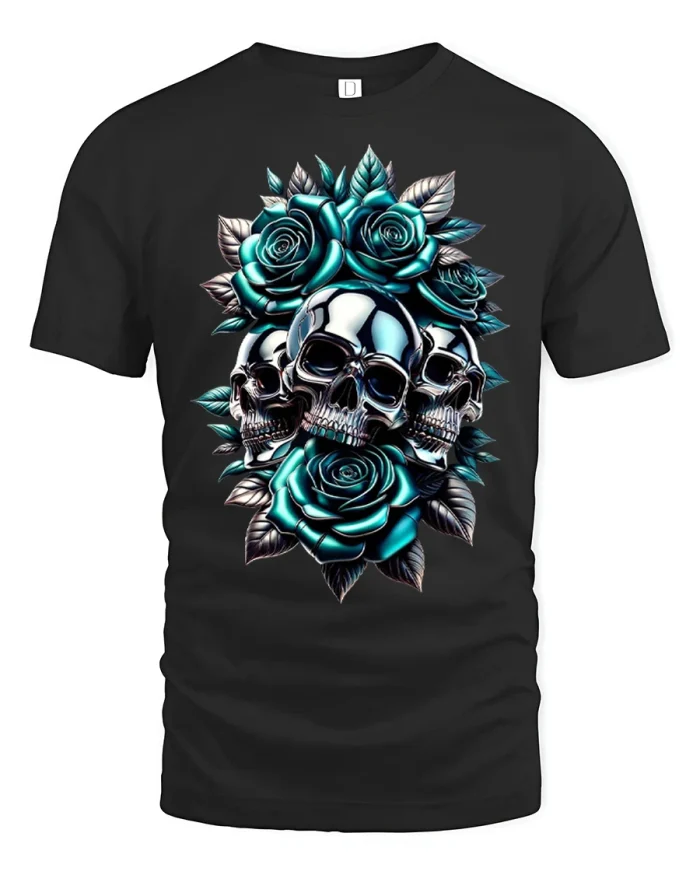 Gothic Teal Metallic Skulls And Roses Graphic T-Shirt - black t-shirt on white background