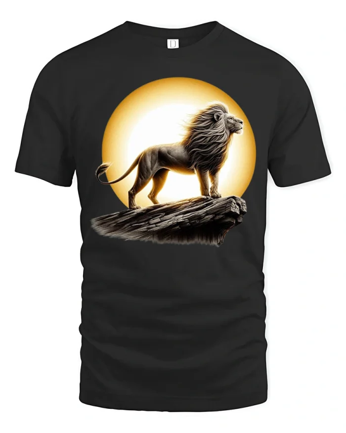 Majestic Lion On Rock Golden Sun Graphic T-Shirt - black t-shirt on white background