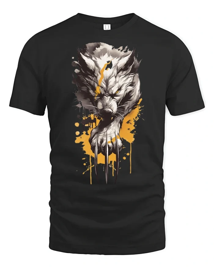 Fierce White Wolf Metal Claws Yellow Splatter T-Shirt - black t-shirt on white background