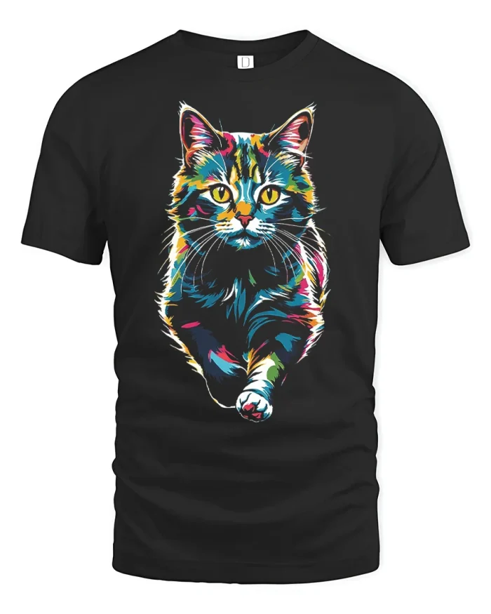 Colorful Pop Art Cat Portrait Graphic T-Shirt - black t-shirt on white background