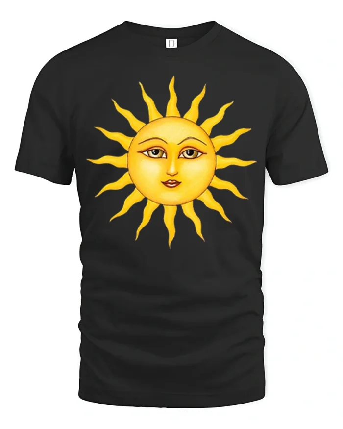 Celestial Vintage Sun Face Graphic T-Shirt - black t-shirt on white background