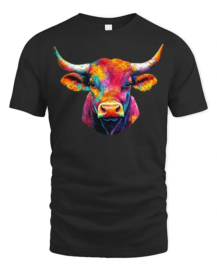 Colorful Pop Art Bull Portrait Graphic T-Shirt - black t-shirt on white background