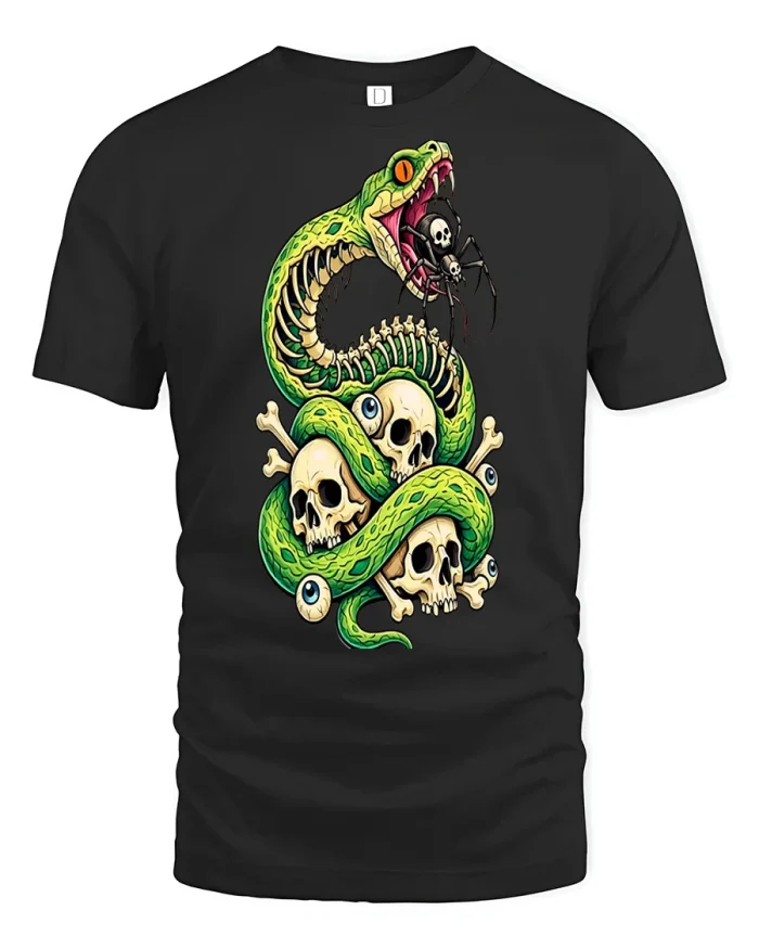 Edgy Green Skeleton Snake Skulls Graphic T-Shirt - black t-shirt on white background