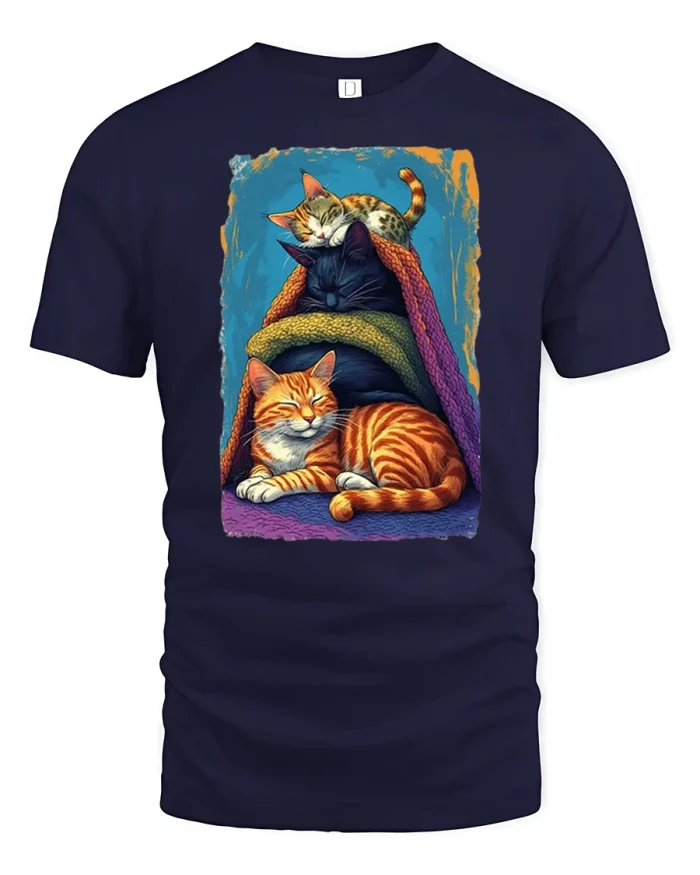 Colorful Geometric Polygon Cat Graphic T-Shirt - navy t-shirt on white background