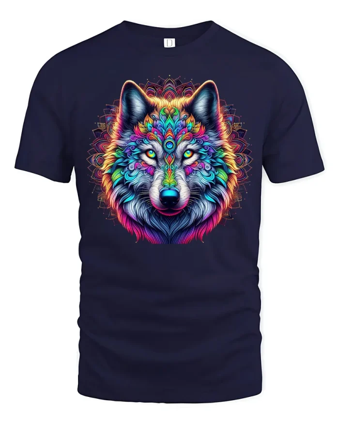 Colorful Mandala Neon Wolf Portrait Graphic T-Shirt - navy t-shirt on white background