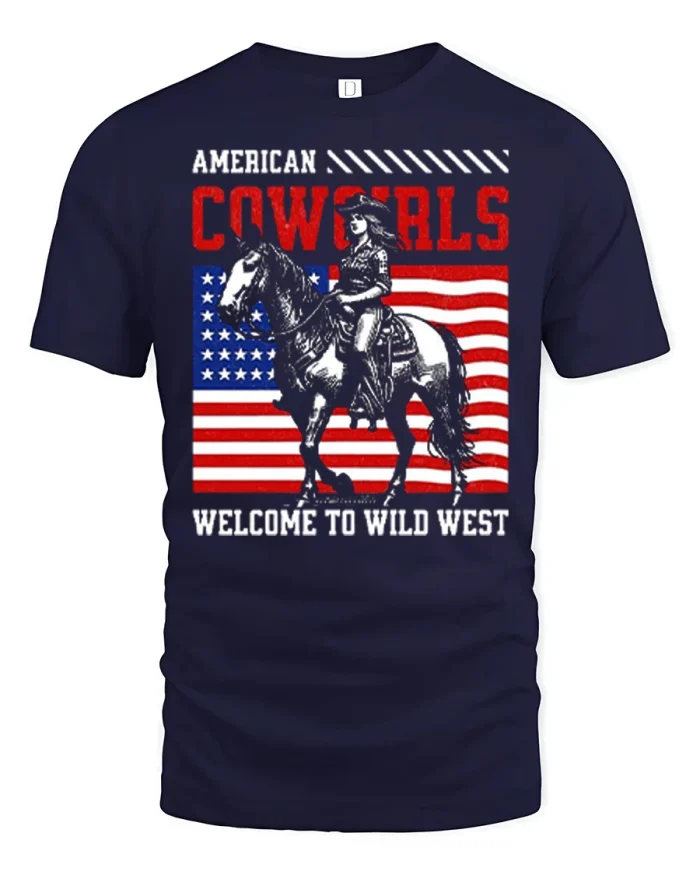 American Cowgirls Welcome To Wild West Flag T-Shirt - navy t-shirt on white background