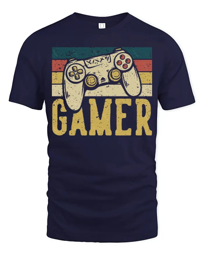 Retro Gamer Video Game Controller Vintage T-Shirt - navy t-shirt on white background