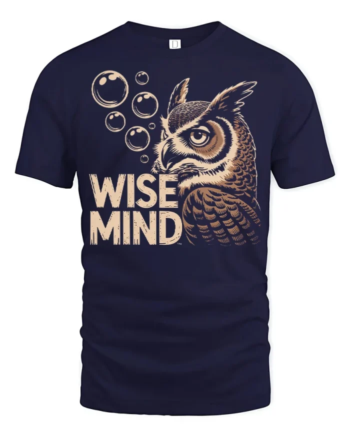 Wise Mind Owl Bubbles Typography Graphic T-Shirt - navy t-shirt on white background