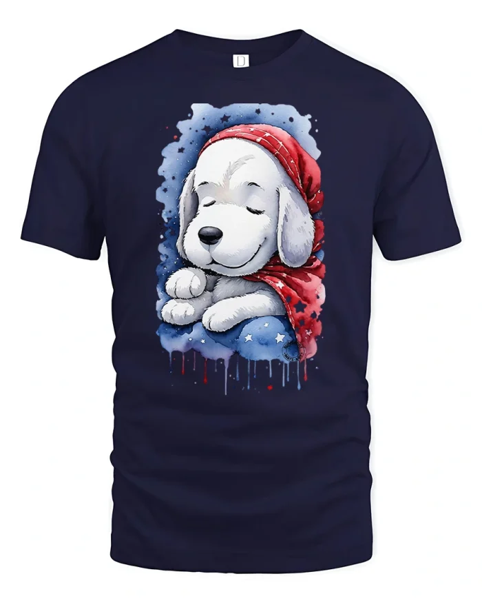 Cute Sleeping White Puppy Dog Watercolor Art T-Shirt - navy t-shirt on white background