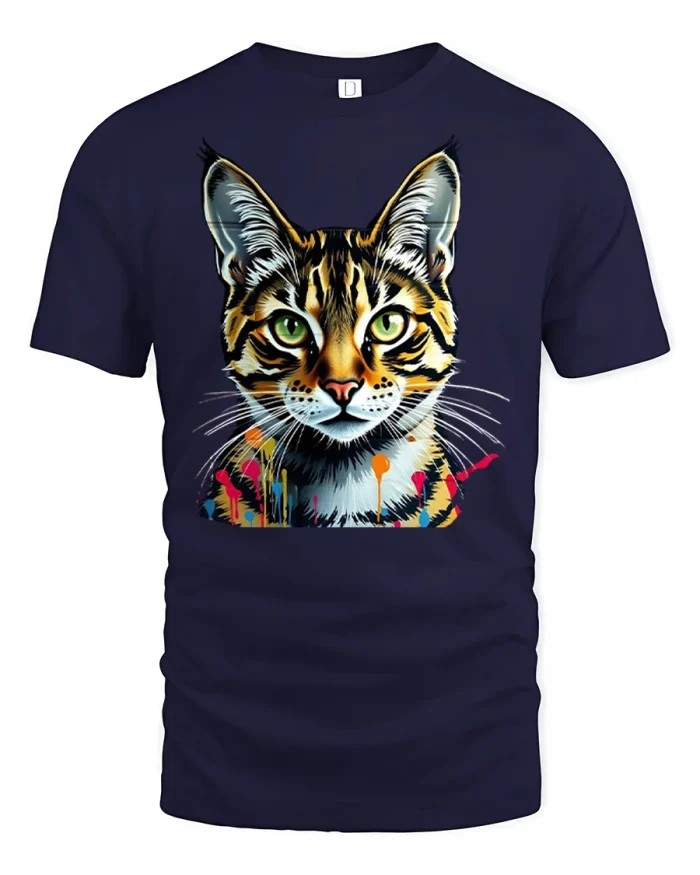 Colorful Splatter Paint Bengal Cat Portrait T-Shirt - navy t-shirt on white background
