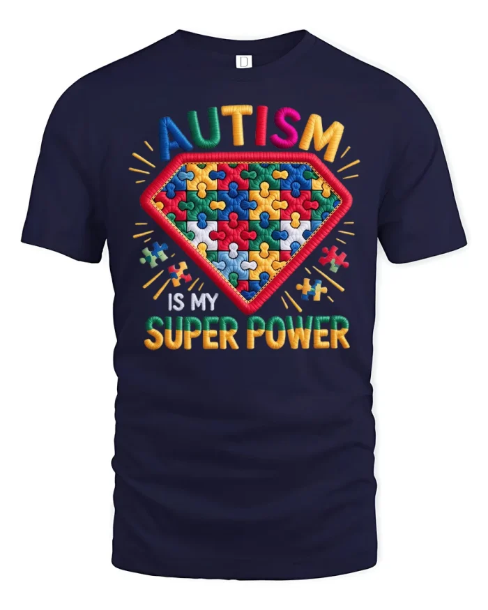 Autism Is My Super Power Puzzle Piece Shield T-Shirt - navy t-shirt on white background