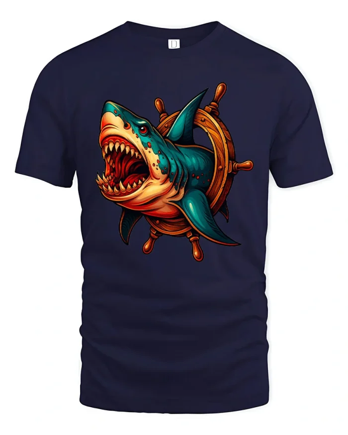 Fierce Great White Shark Breaking Ship Wheel T-Shirt - navy t-shirt on white background