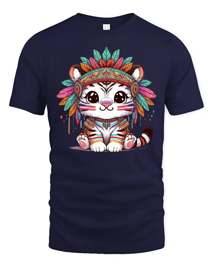 Cute Baby Tiger Wearing Feather Headdress Graphic T-Shirt - navy t-shirt on white background