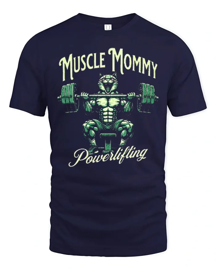 Muscle Mommy Powerlifting Cat Gym Workout T-Shirt - navy t-shirt on white background