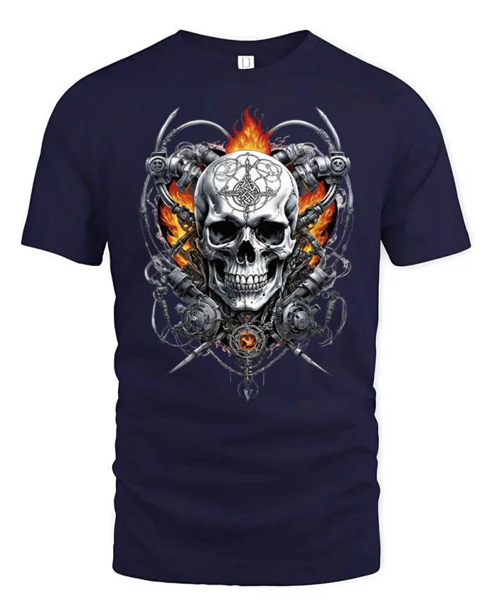 Cyberpunk Skull Fire Mechanical Engine Parts T-Shirt - navy t-shirt on white background