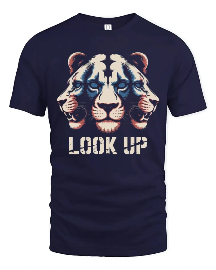 Look Up Triple Tiger Faces Optical Illusion T-Shirt - navy t-shirt on white background