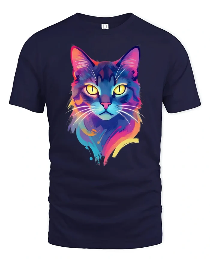Colorful Neon Watercolor Cat Portrait Art T-Shirt - navy t-shirt on white background