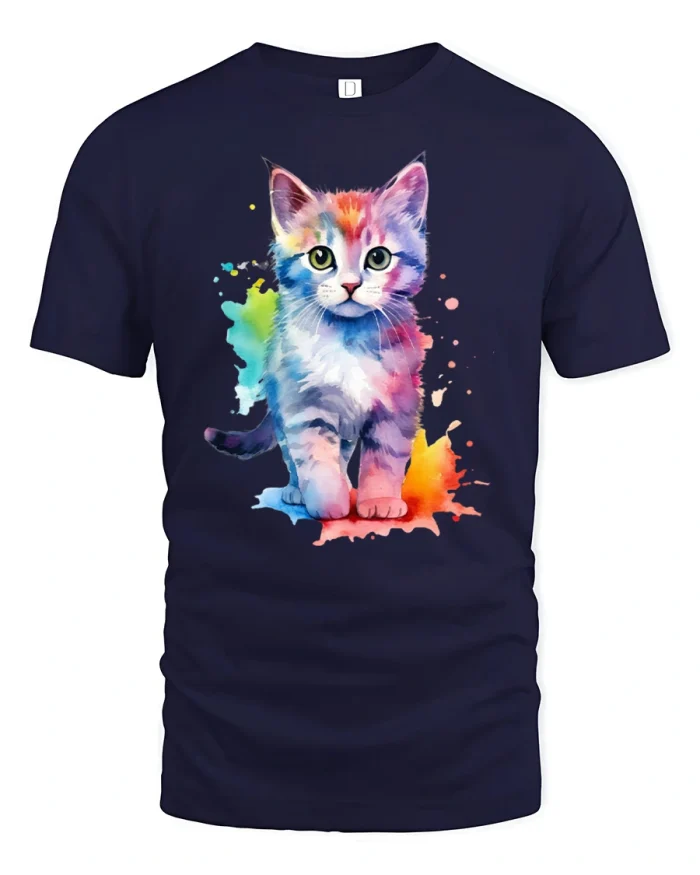 Colorful Watercolor Kitten Graphic Art Cute Cat T-Shirt - navy t-shirt on white background