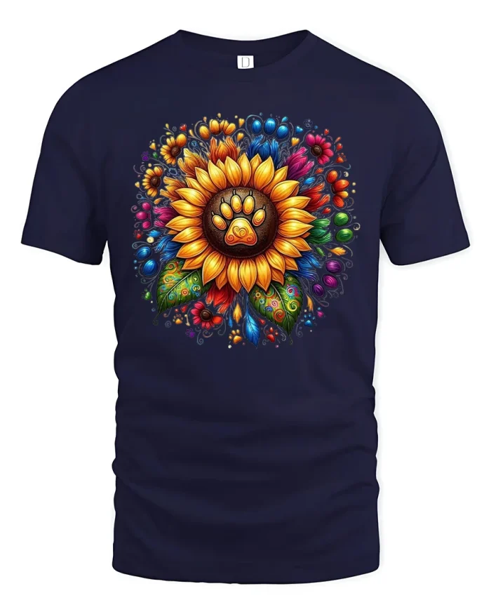 Colorful Sunflower Paw Print Floral Graphic T-Shirt - navy t-shirt on white background