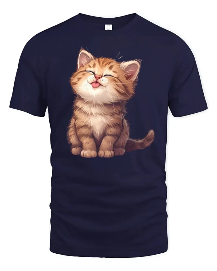 Cute Fluffy Tabby Kitten Sticking Tongue Out T-Shirt - navy t-shirt on white background
