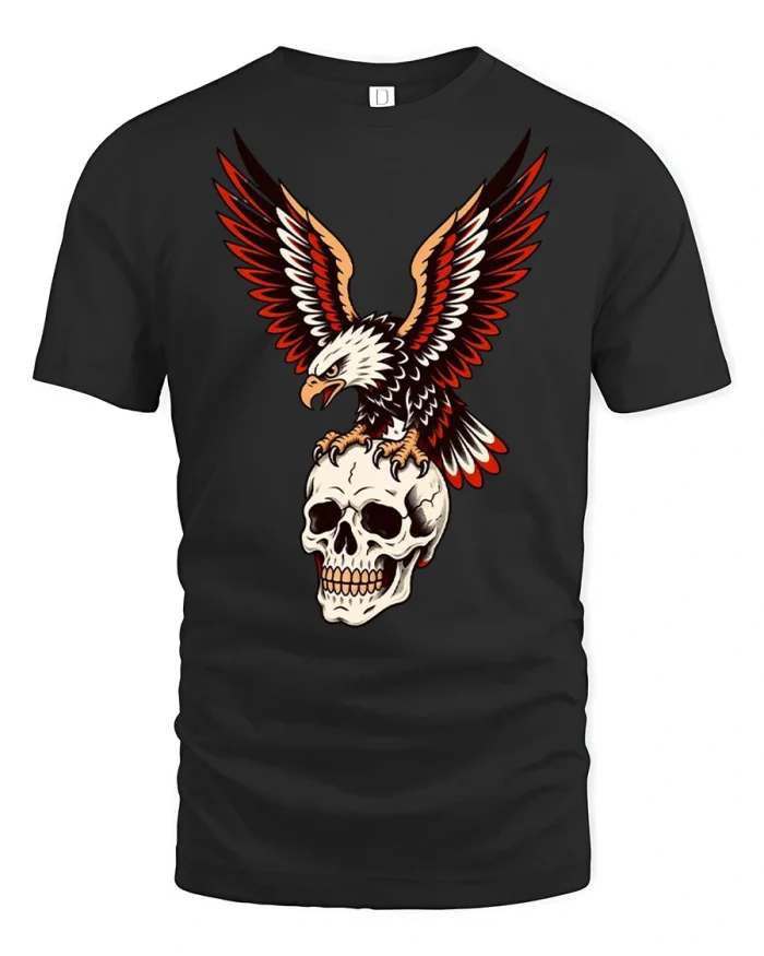 Vintage American Eagle Skull Tattoo Graphic Cotton T Shirt - black t-shirt on white background