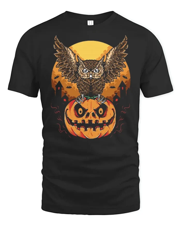 Spooky Owl Jack O Lantern Halloween Graphic Cotton T Shirt - black t-shirt on white background