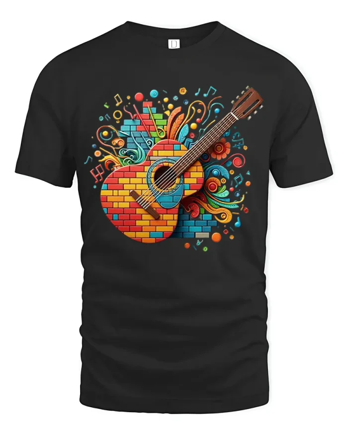 Colorful Acoustic Guitar Brick Art Graphic Cotton T Shirt - black t-shirt on white background