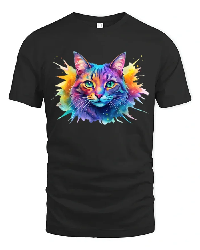 Colorful Rainbow Watercolor Cat Splash Art Cotton T Shirt - black t-shirt on white background