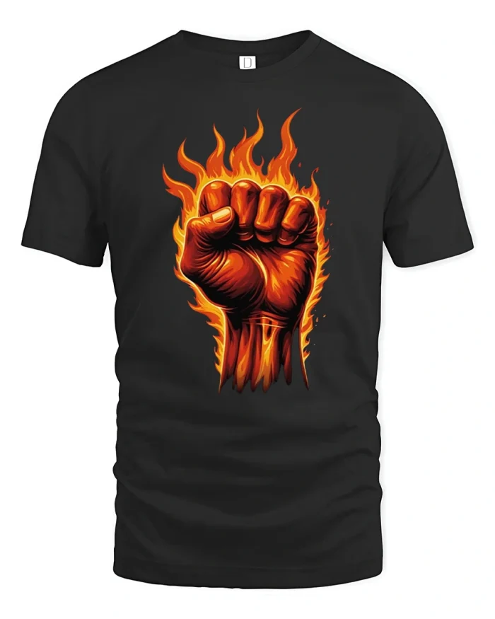 Fiery Clenched Fist Flames Power Graphic Cotton T Shirt - black t-shirt on white background