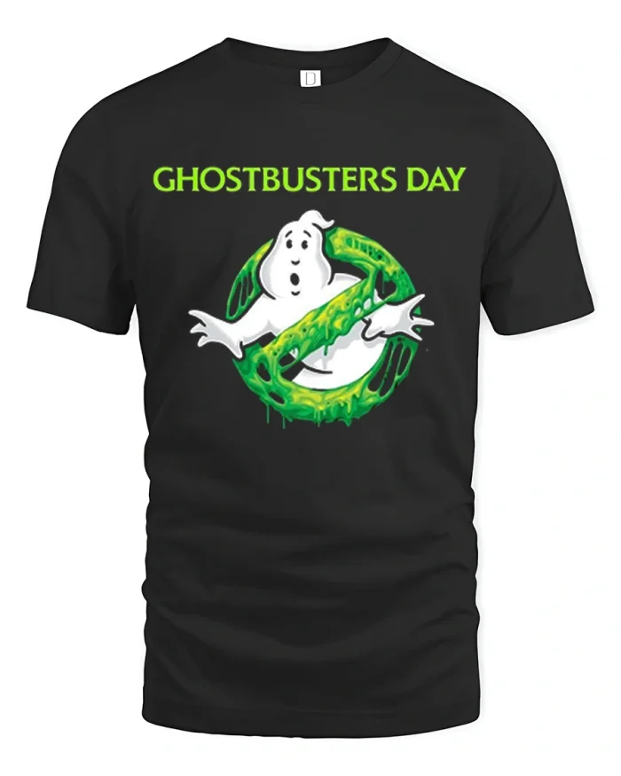Ghostbusters Day Green Slime Ghost Graphic Cotton T Shirt - black t-shirt on white background