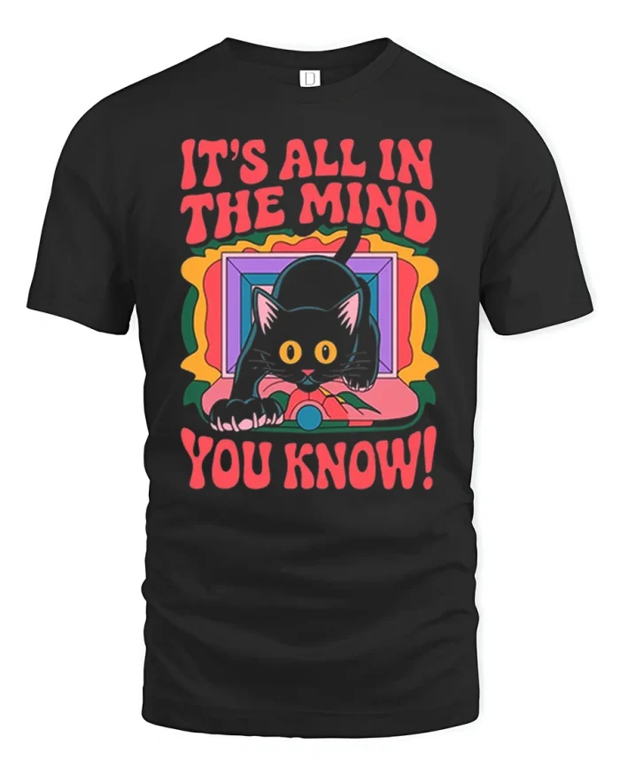 Its All In The Mind Retro Black Cat Soft Cotton T Shirt - black t-shirt on white background
