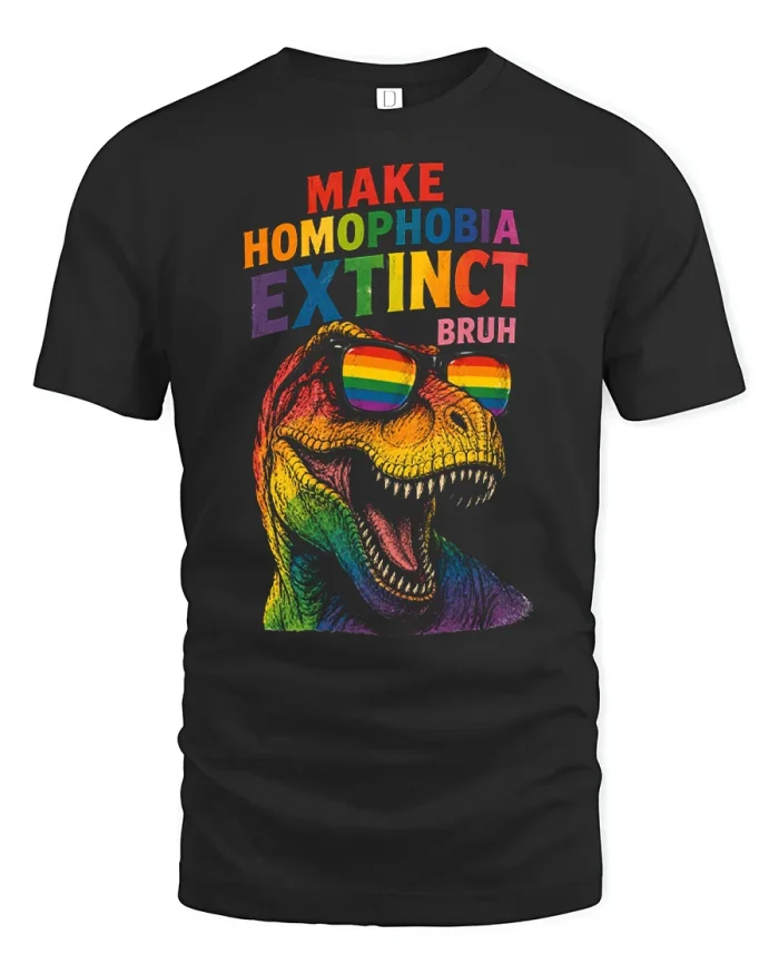 Make Homophobia Extinct Rainbow Dinosaur Cotton T Shirt - black t-shirt on white background