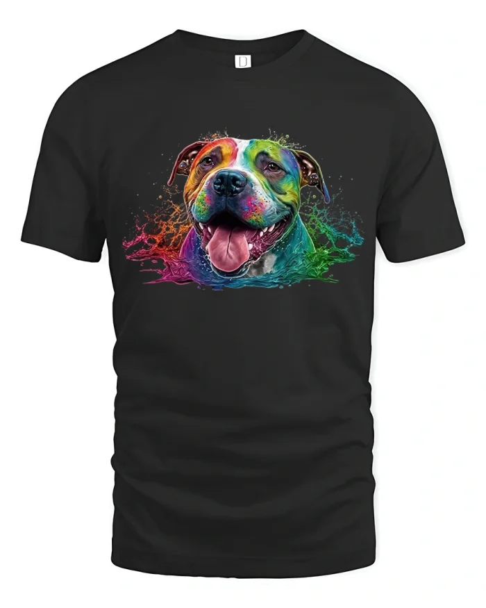 Colorful Rainbow Pitbull Splash Paint Soft Cotton T Shirt - black t-shirt on white background