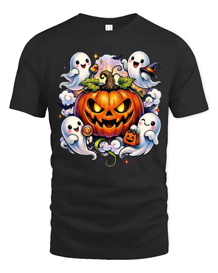 Cute Spooky Halloween Pumpkin Ghosts Soft Cotton T Shirt - black t-shirt on white background