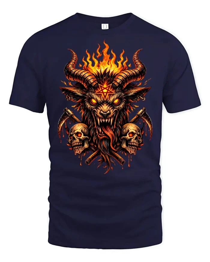 Baphomet Demon Horns Pentagram Skull Cotton T Shirt - navy t-shirt on white background