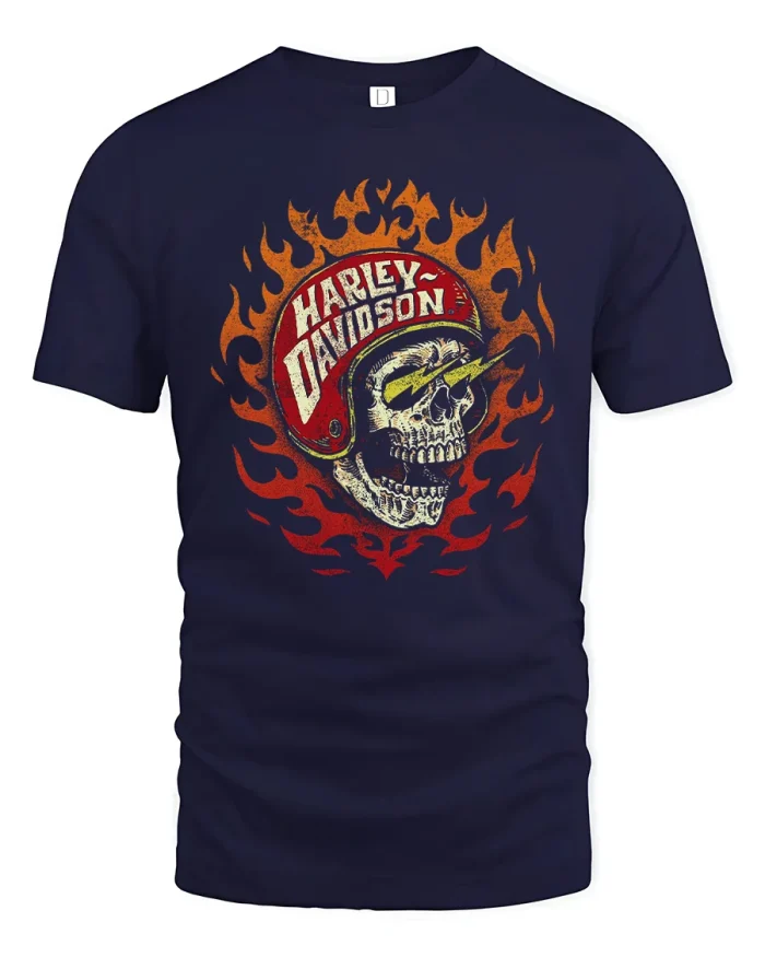 Vintage Biker Helmet Skull In Flames Soft Cotton T Shirt - navy t-shirt on white background