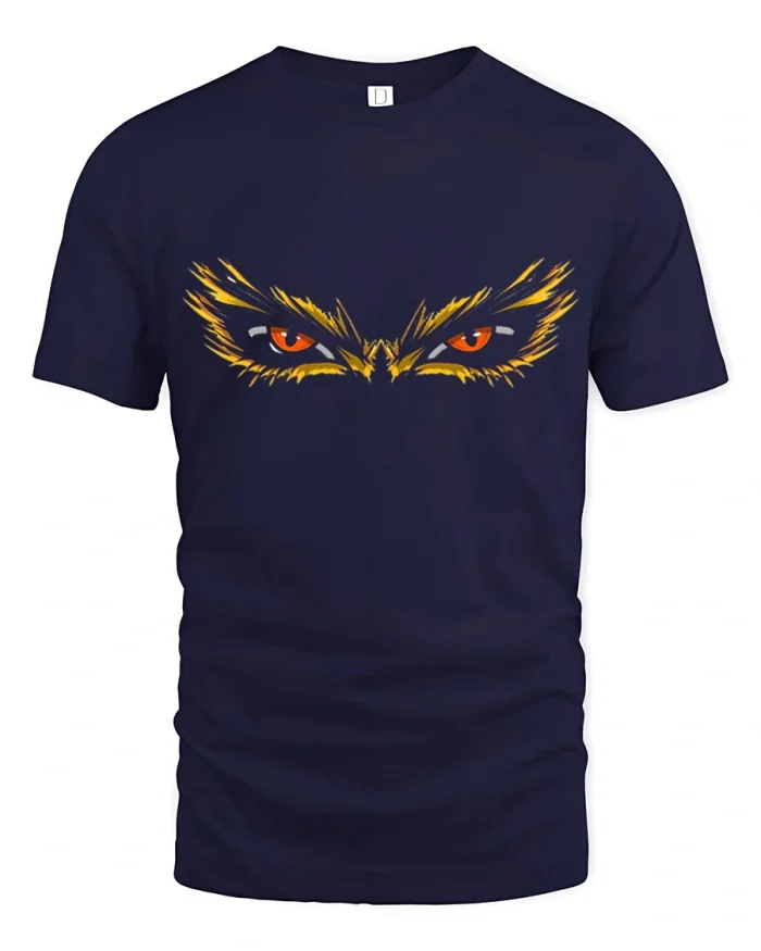 Fierce Glowing Owl Eyes Bird Graphic Soft Cotton T Shirt - navy t-shirt on white background