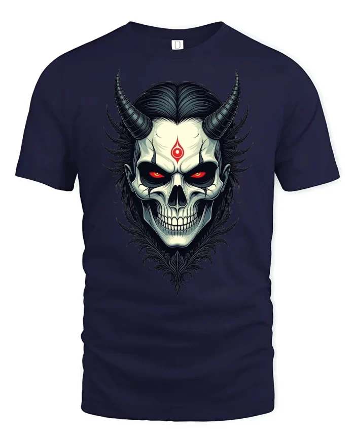 Gothic Horned Demon Skull Third Eye Graphic Cotton T Shirt - navy t-shirt on white background
