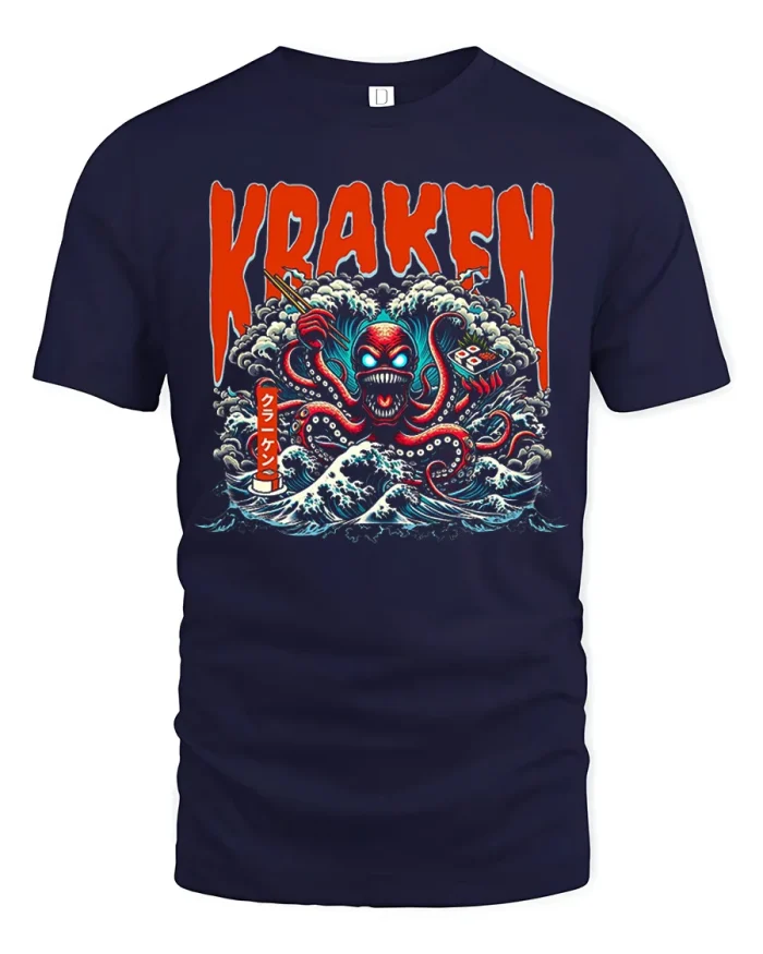 Funny Kraken Sushi Great Wave Japanese Graphic Cotton T Shirt - navy t-shirt on white background
