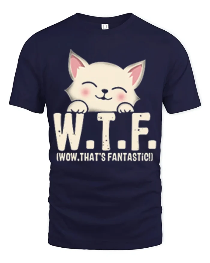 Funny WTF Wow Thats Fantastic Cute Cat Cotton T Shirt - navy t-shirt on white background
