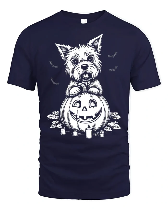 Cute Halloween Yorkshire Terrier Pumpkin Cotton T Shirt - navy t-shirt on white background