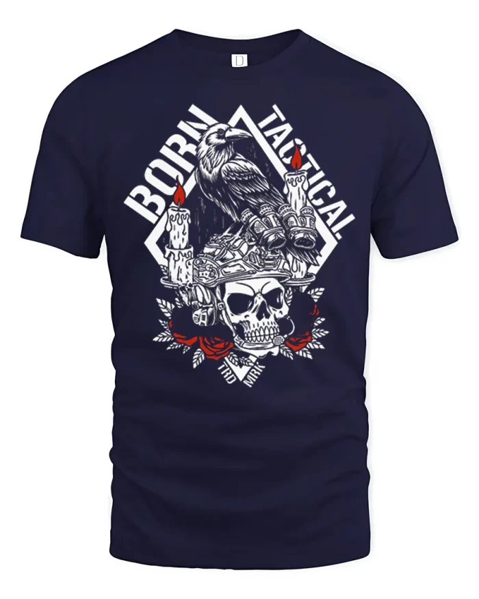 Born Tactical Skull Raven Helmet Graphic Soft Cotton T Shirt - navy t-shirt on white background