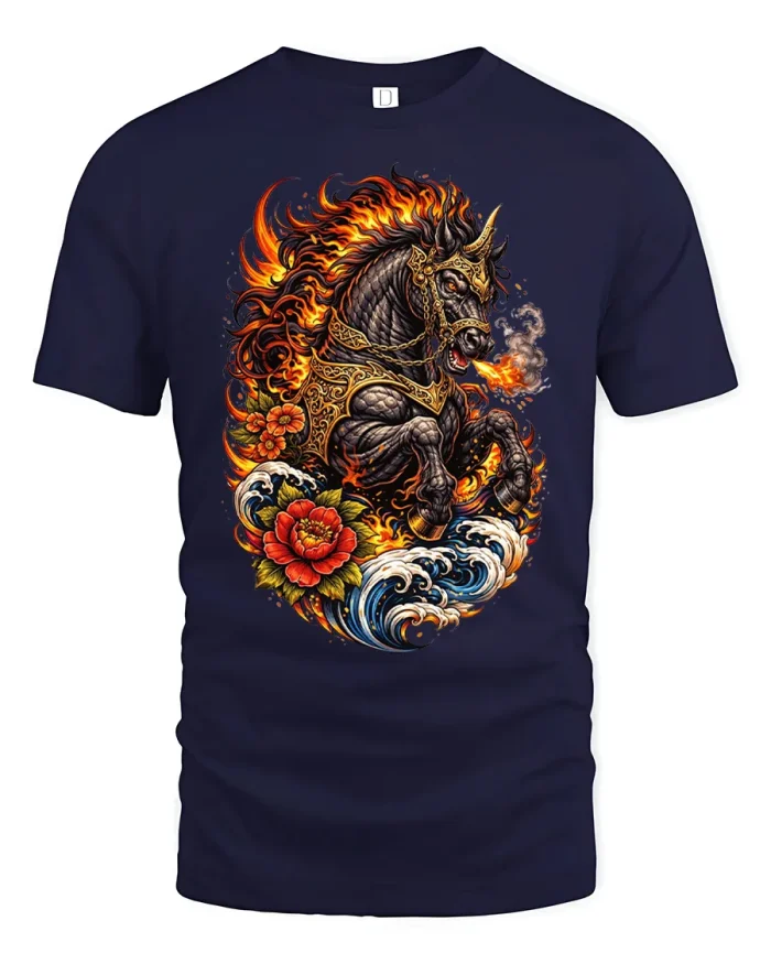 Fire War Horse Japanese Tattoo Waves Soft Cotton T Shirt - navy t-shirt on white background