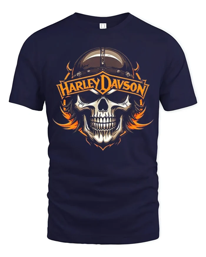 Biker Helmet Skull Fiery Flames Graphic Cotton T Shirt - navy t-shirt on white background