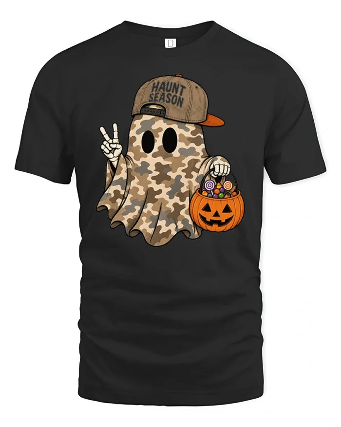 Spooky Camouflage Ghost Haunt Season Pumpkin T-Shirt - black t-shirt on white background