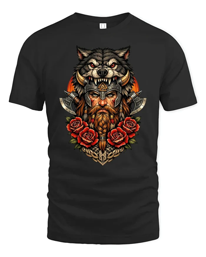 Viking Warrior Wolf Headdress Red Roses Graphic T-Shirt - black t-shirt on white background