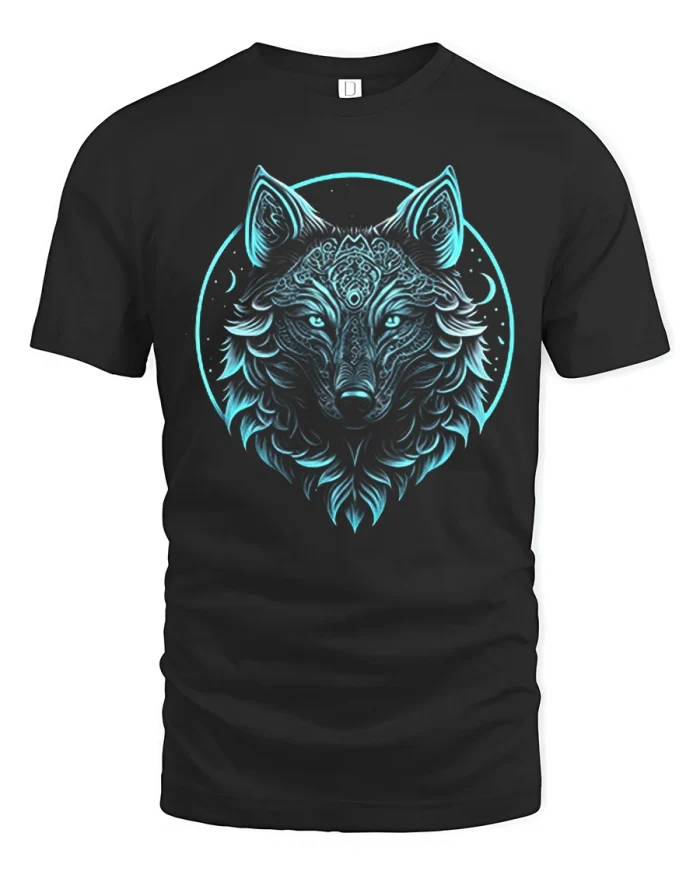 Glowing Blue Neon Tribal Wolf Head Graphic T-Shirt - black t-shirt on white background